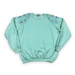 Vtg Lina Lee Beverly Hills New York Pale Mint Sweatshirt Embellished Rhinestones